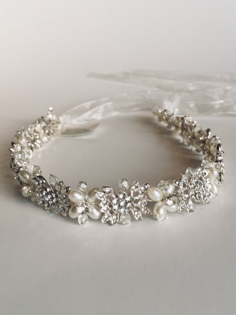 David's Bridal Petite Pearl and Crystal Floral Tie back Headband Hairpiece
